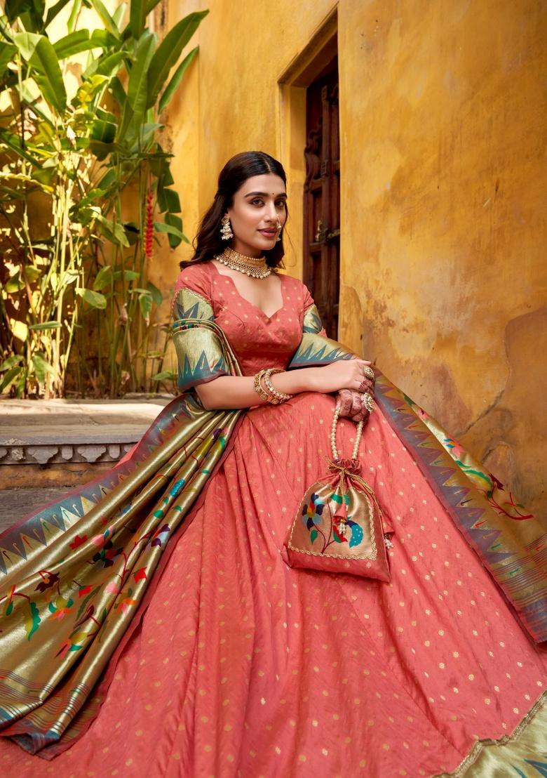 Peach Zari Work Silk Blend Lehenga Set - Indya