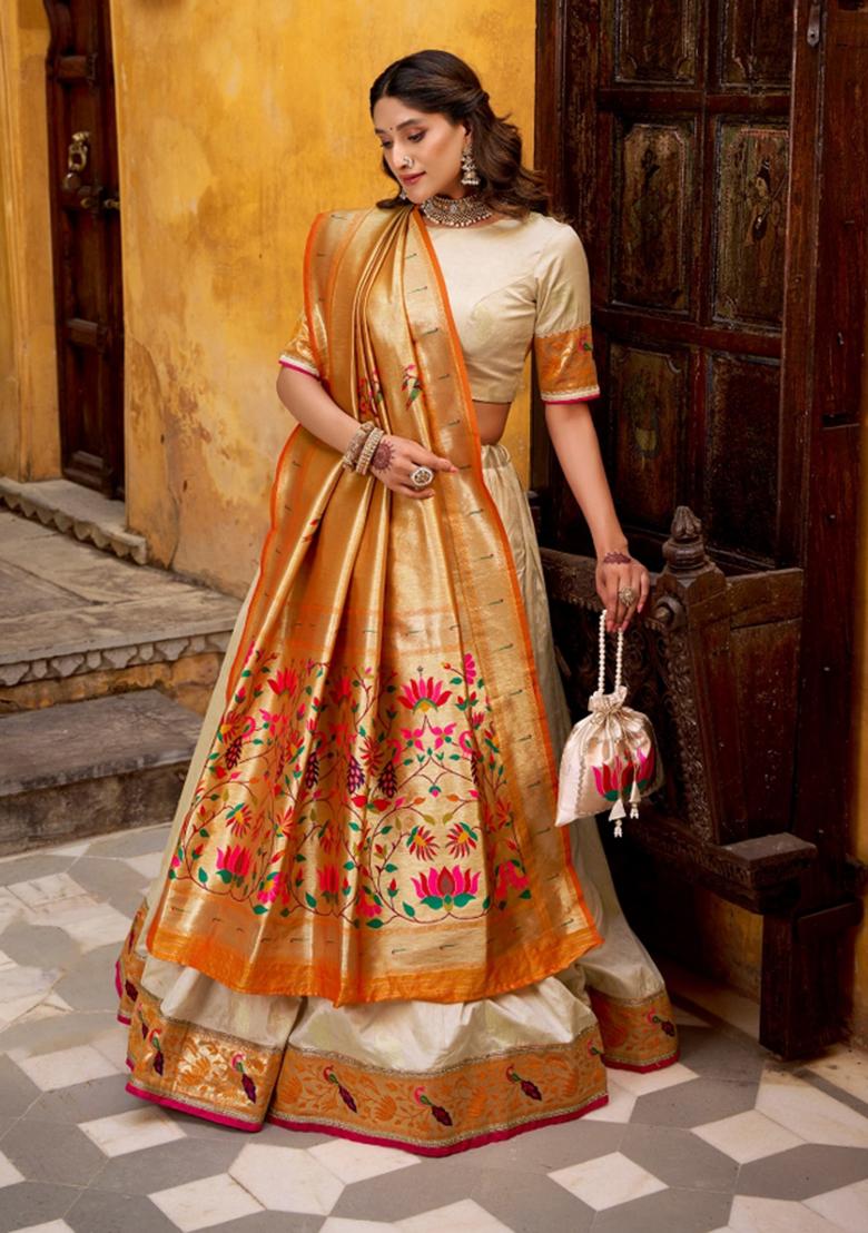 White Zari Work Silk Blend Lehenga Set - Indya