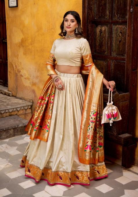 White Zari Work Silk Blend Lehenga Set
