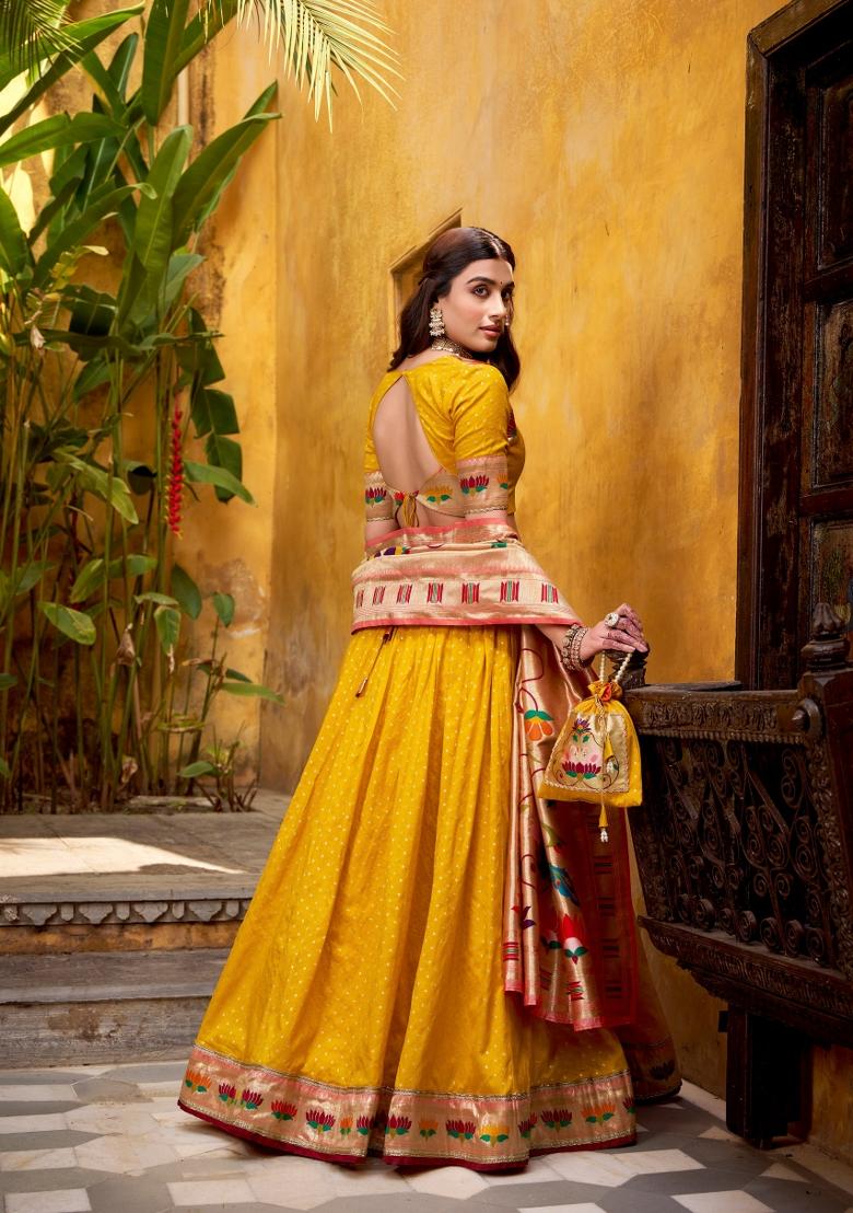 Yellow Zari Work Silk Blend Lehenga Set - Indya