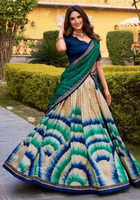 Blue Printed Silk Blend Lehenga Set