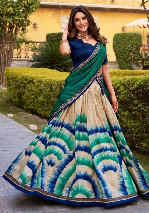 Blue Printed Silk Blend Lehenga Set