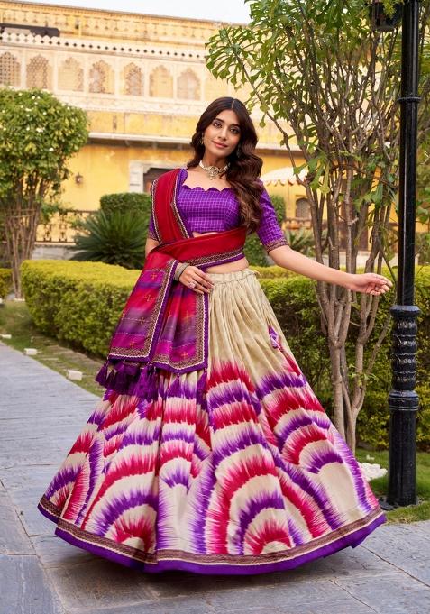 Purple Printed Silk Blend Lehenga Set