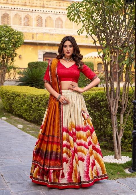 Red Printed Silk Blend Lehenga Set