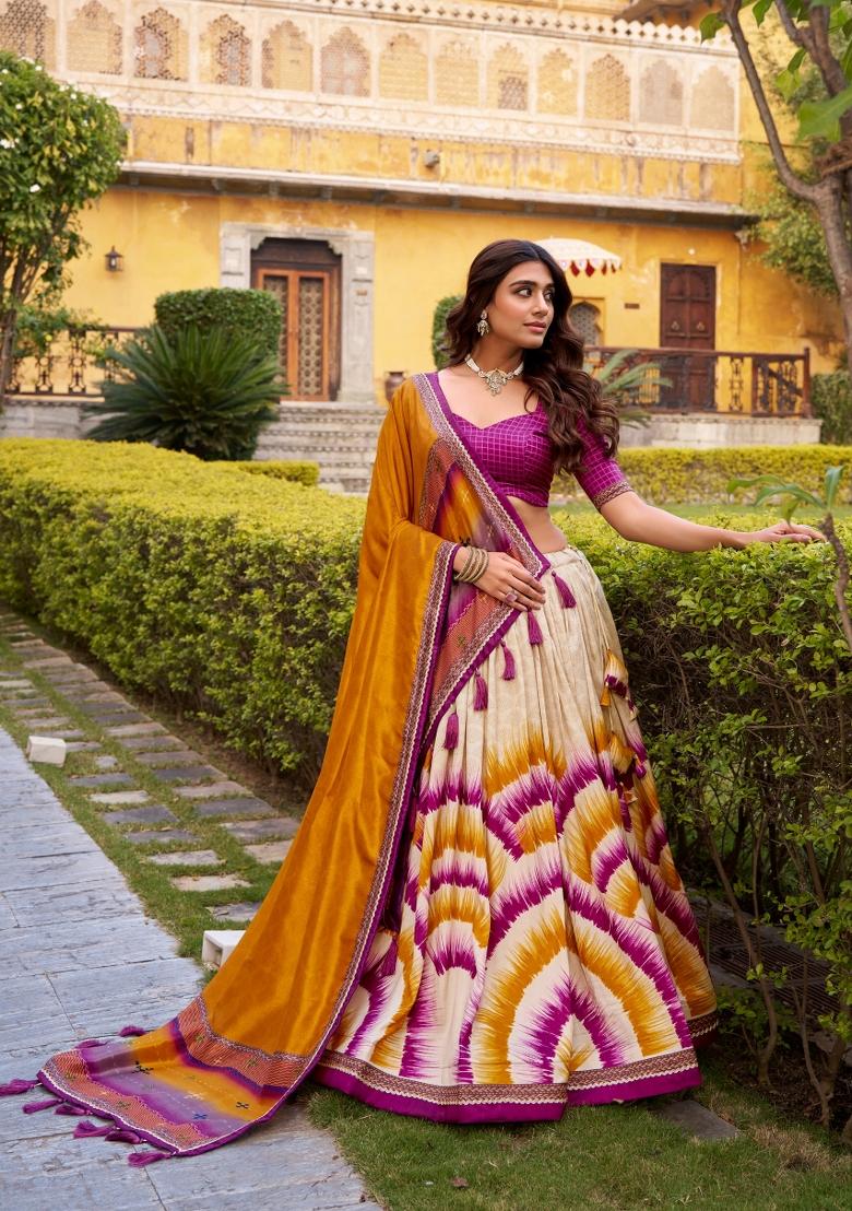 Wine Printed Silk Blend Lehenga Set - Indya
