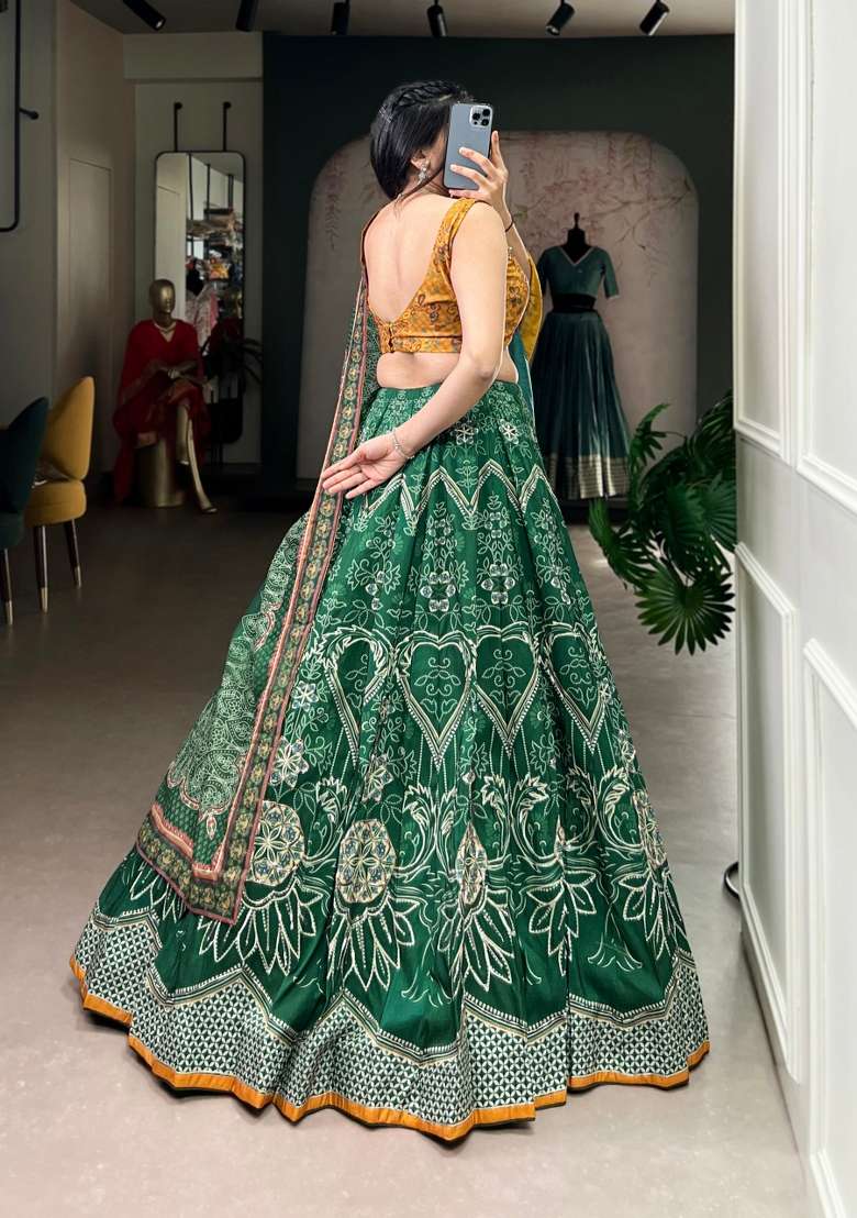 Green Printed Silk Blend Lehenga Set - Indya