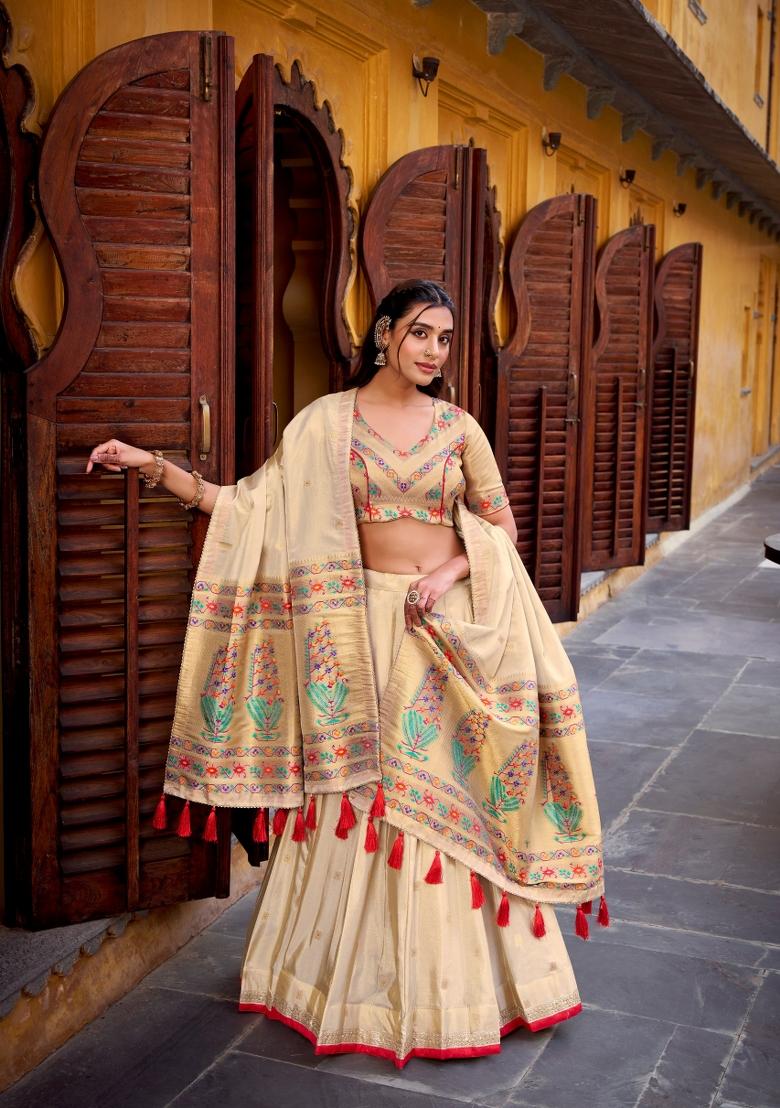 Red Zari Work Shimmer Lehenga Set - Indya