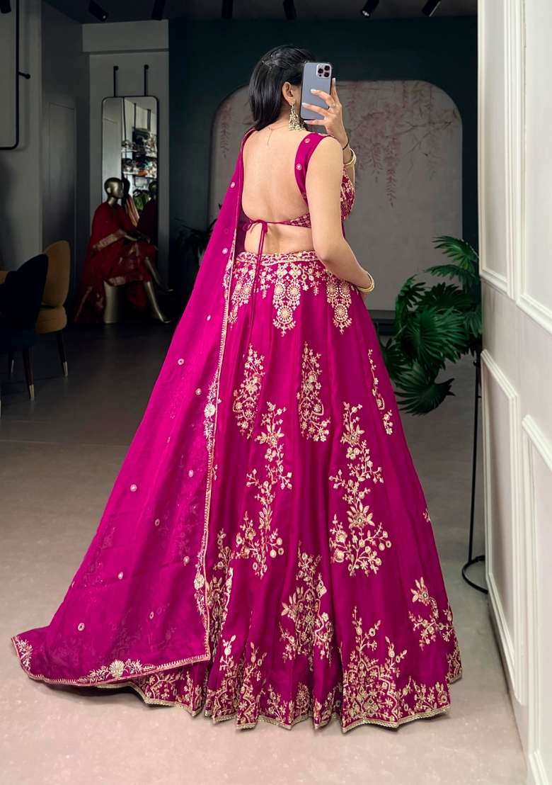 Pink Embroidered Naysha Lehenga Set for Diwali and Festive Wear - Indya