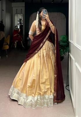 Cream Zari Work Kanchipuram Lehenga Set
