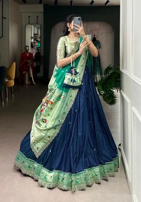 Blue Embroidered Silk Blend Lehenga Set