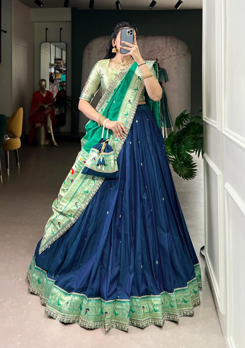 Blue Embroidered Silk Blend Lehenga Set - Indya