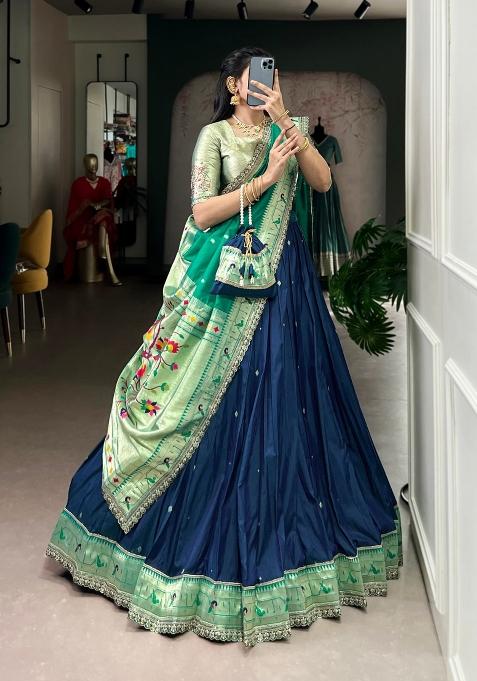 Blue Embroidered Silk Blend Lehenga Set