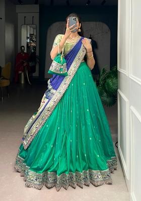 Sea Green Embroidered Silk Blend Lehenga Set