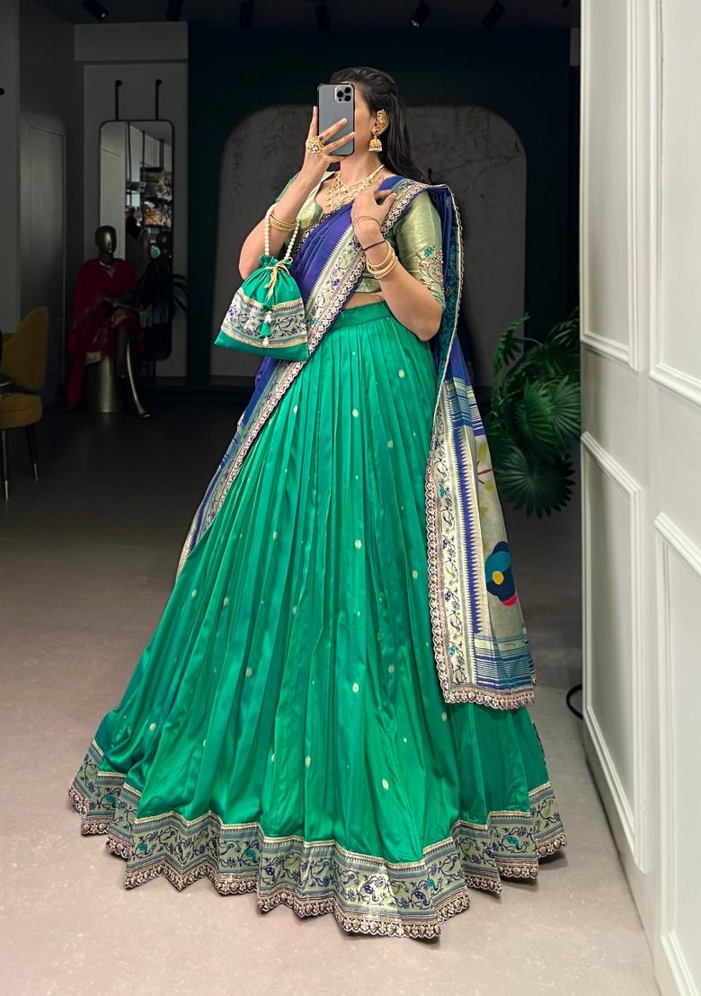 Sea Green Embroidered Silk Blend Lehenga Set - Indya