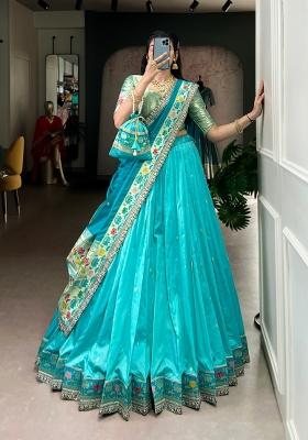 Sky Blue Embroidered Silk Blend Lehenga Set