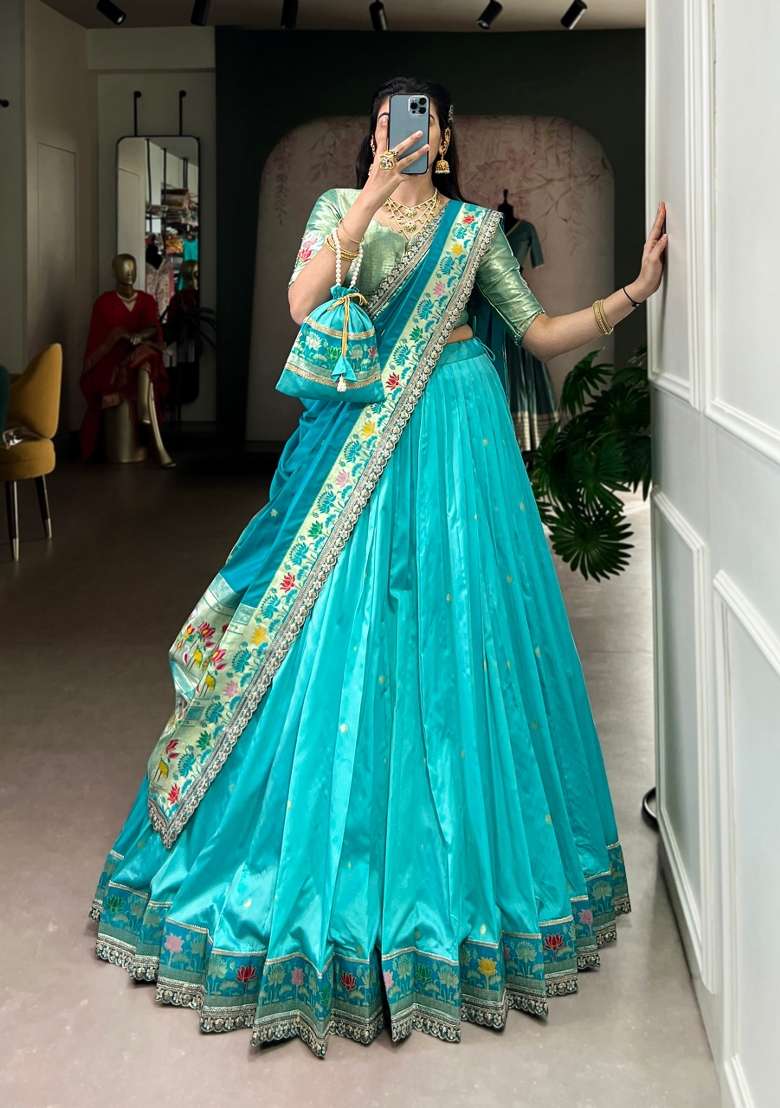 Sky Blue Embroidered Silk Blend Lehenga Set - Indya