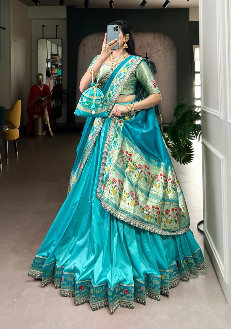 Sky Blue Embroidered Silk Blend Lehenga Set - Indya