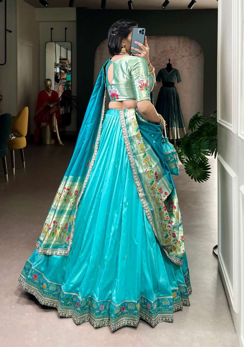 Sky Blue Embroidered Silk Blend Lehenga Set - Indya