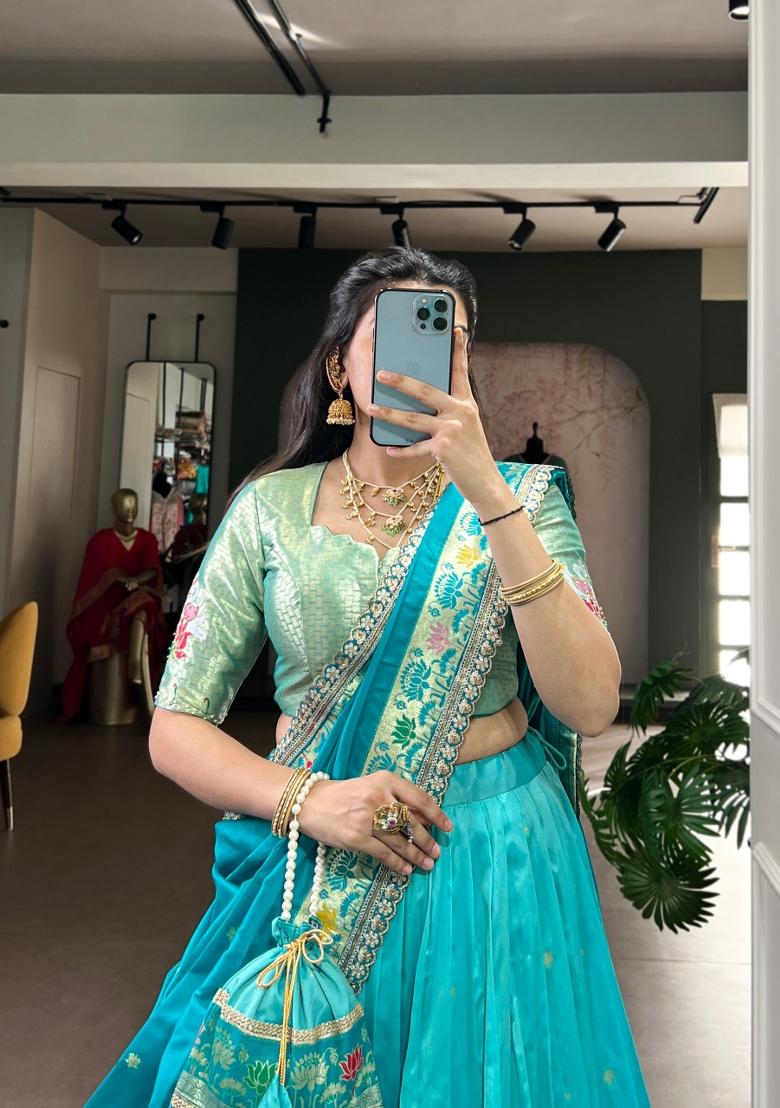 Sky Blue Embroidered Silk Blend Lehenga Set - Indya