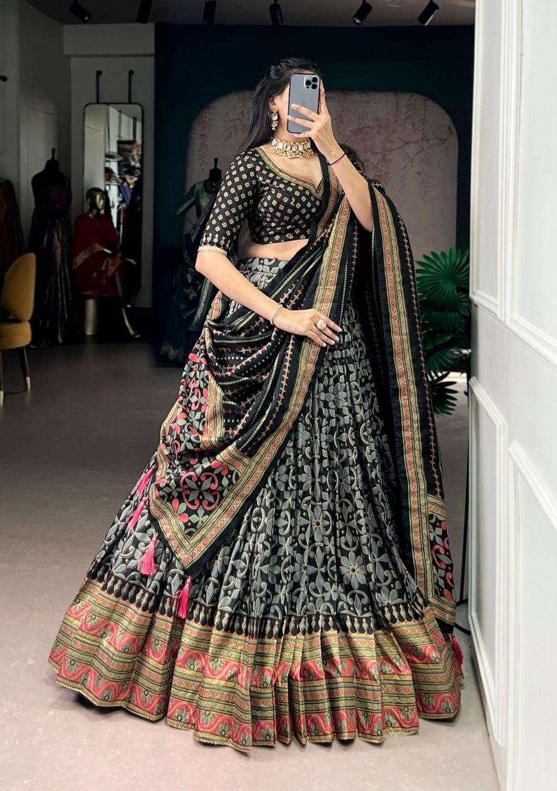Black Lace Work Silk Blend Lehenga Set - Indya