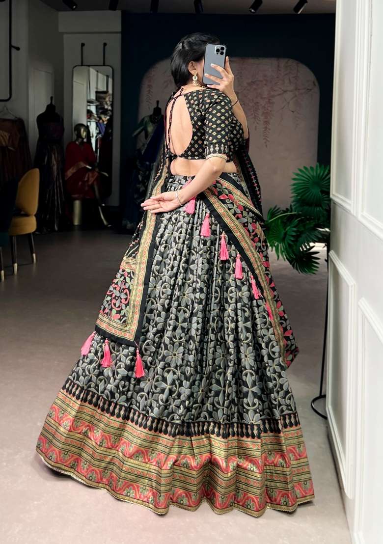 Black Lace Work Silk Blend Lehenga Set for Diwali and Festive Wear - Indya