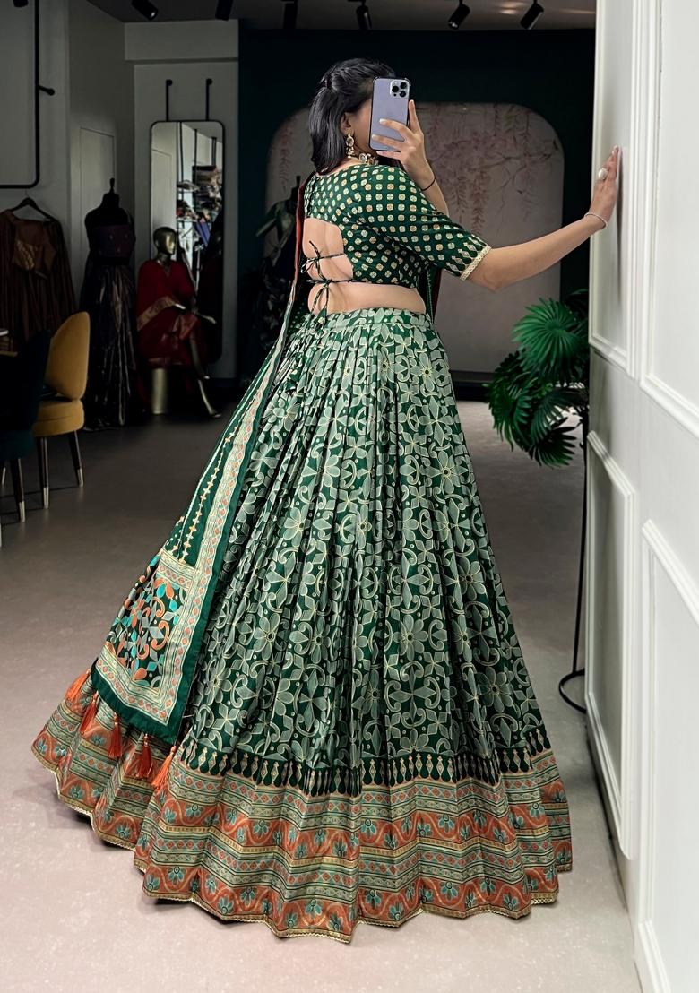Green Lace Work Silk Blend Lehenga Set - Indya