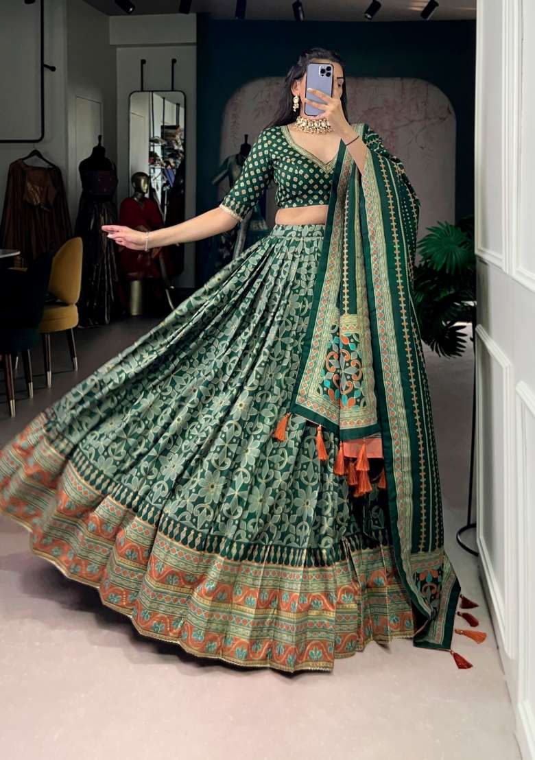 Green Lace Work Silk Blend Lehenga Set for Diwali and Festive Wear - Indya