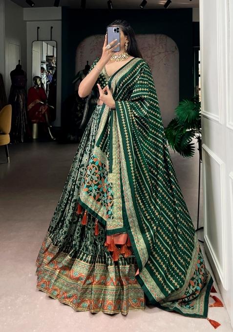 Green Lace Work Silk Blend Lehenga Set