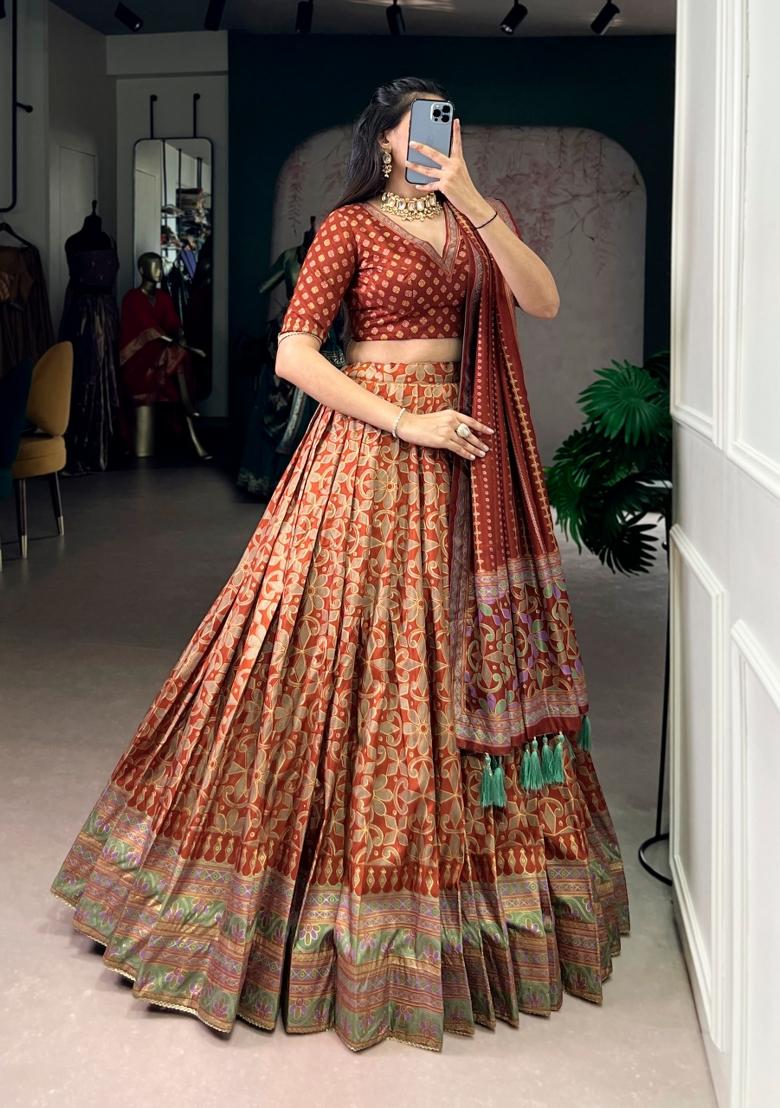 Orange Lace Work Silk Blend Lehenga Set - Indya