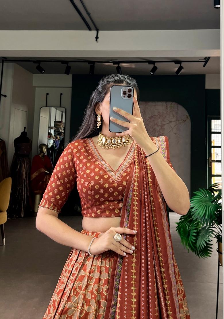 Orange Lace Work Silk Blend Lehenga Set - Indya