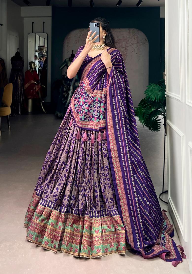 Purple Lace Work Silk Blend Lehenga Set - Indya