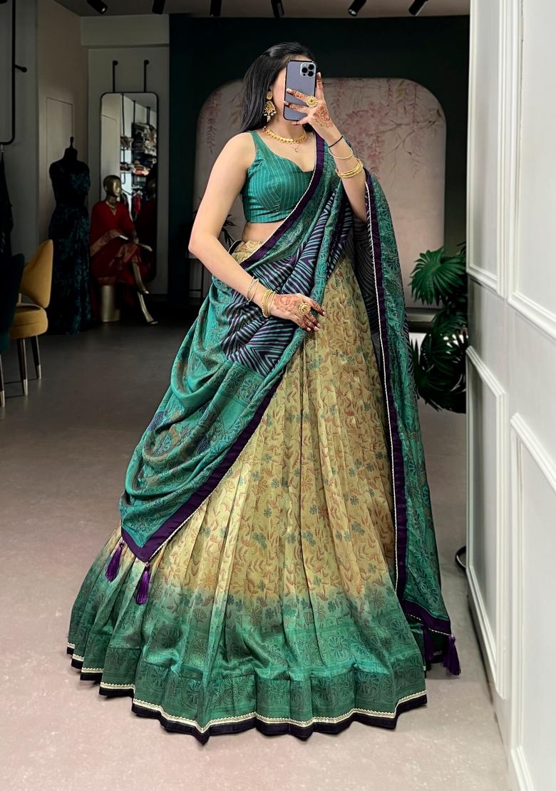 Firozi Printed Silk Blend Lehenga Set - Indya