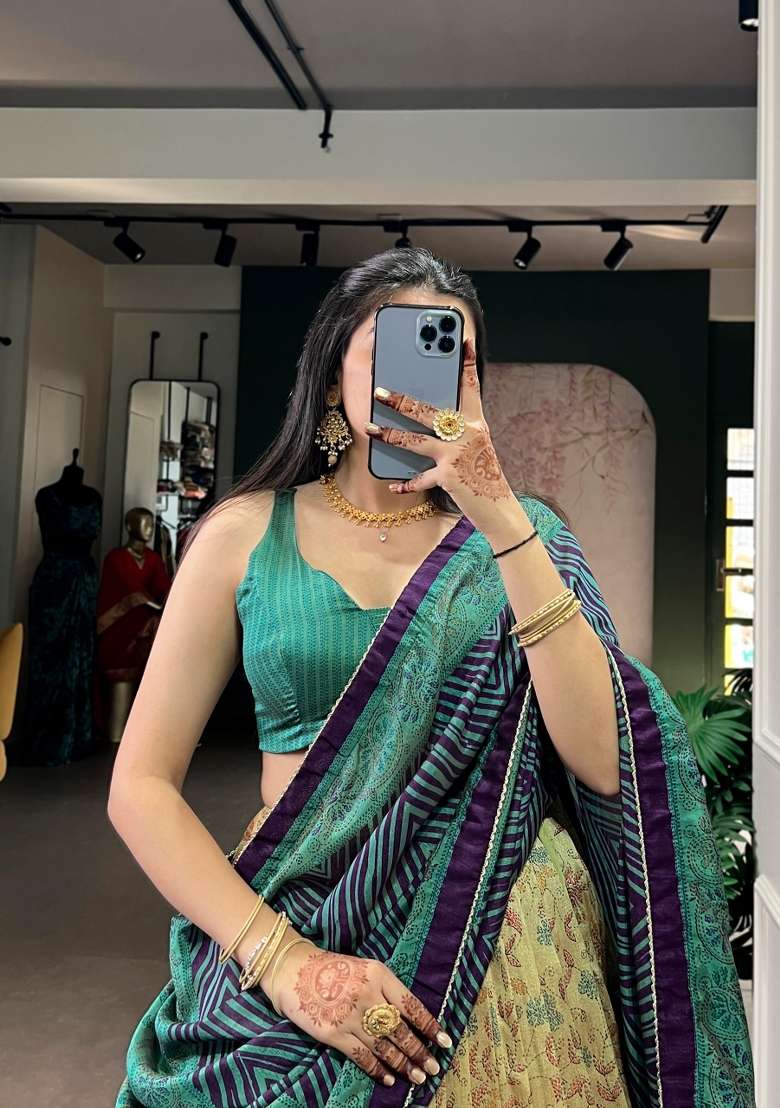 Firozi Printed Silk Blend Lehenga Set for Diwali and Festive Wear - Indya