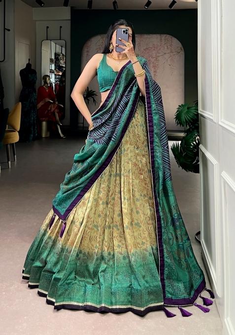 Firozi Printed Silk Blend Lehenga Set