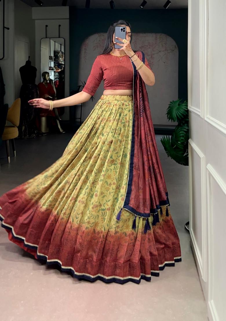 Maroon Printed Silk Blend Lehenga Set - Indya