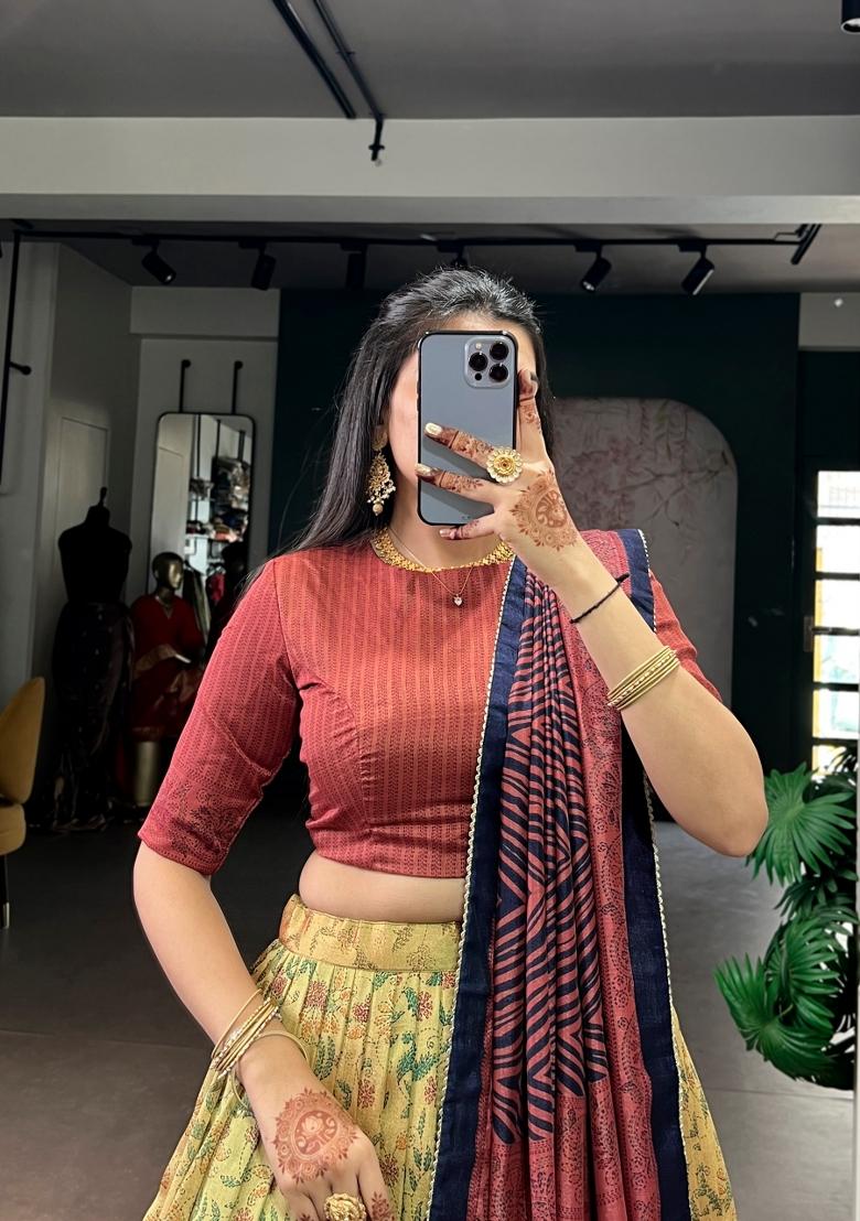 Maroon Printed Silk Blend Lehenga Set - Indya
