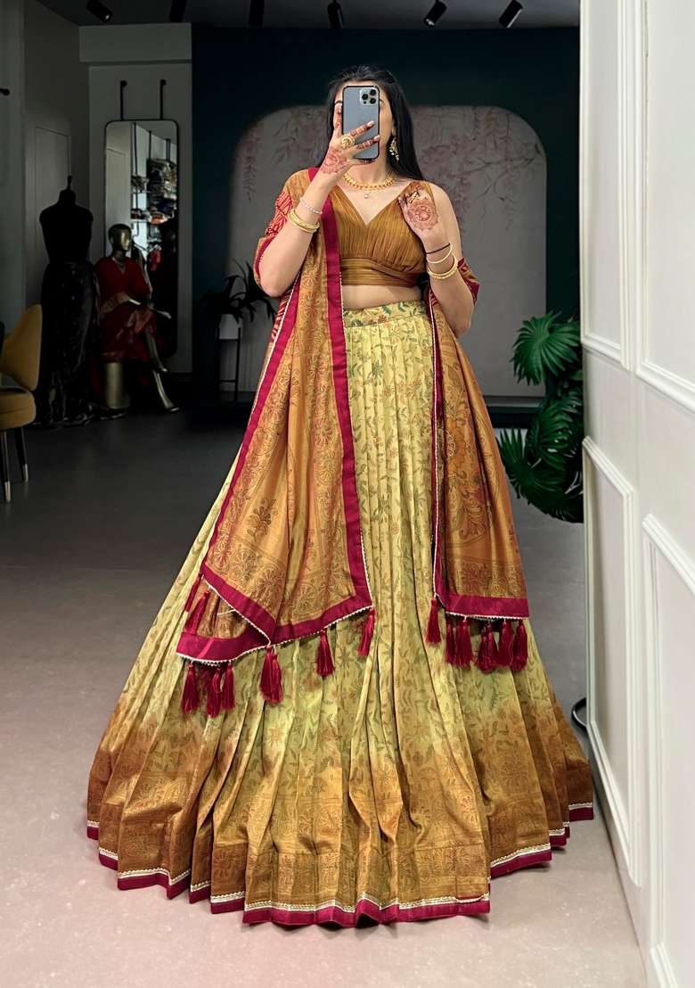 Mustard Silk Blend Lehenga Set with Printed for Diwali | Wedding & Festive Wear - Indya