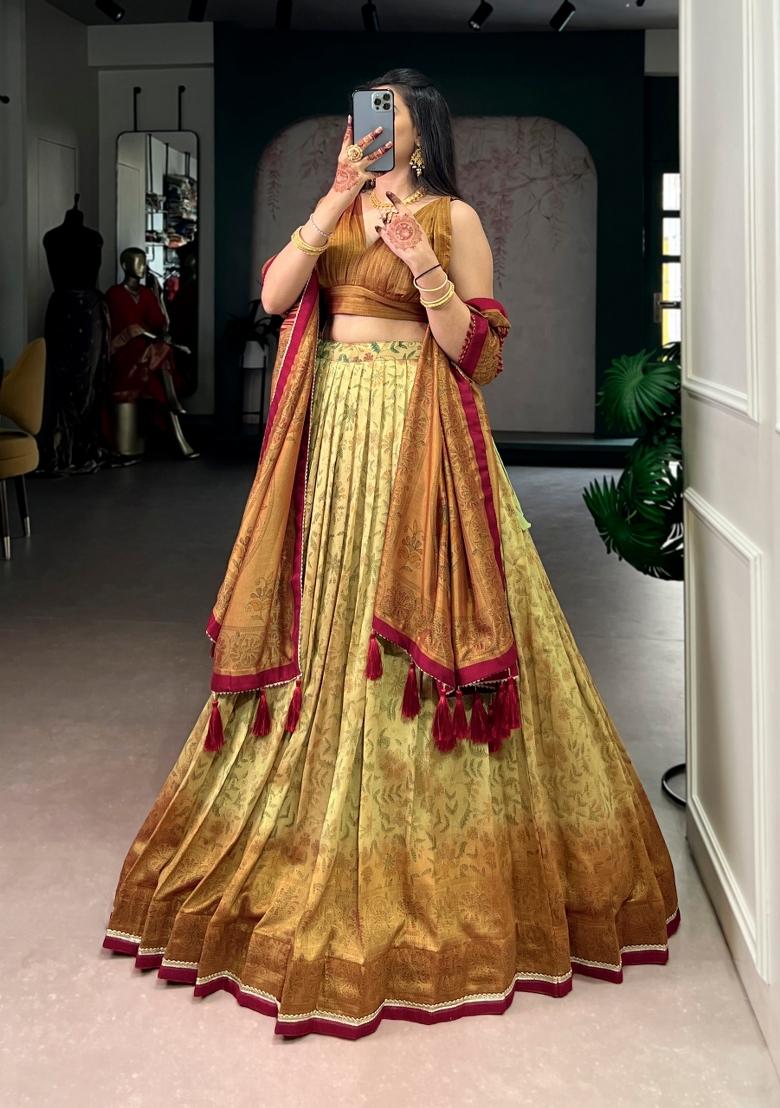 Mustard Printed Silk Blend Lehenga Set - Indya