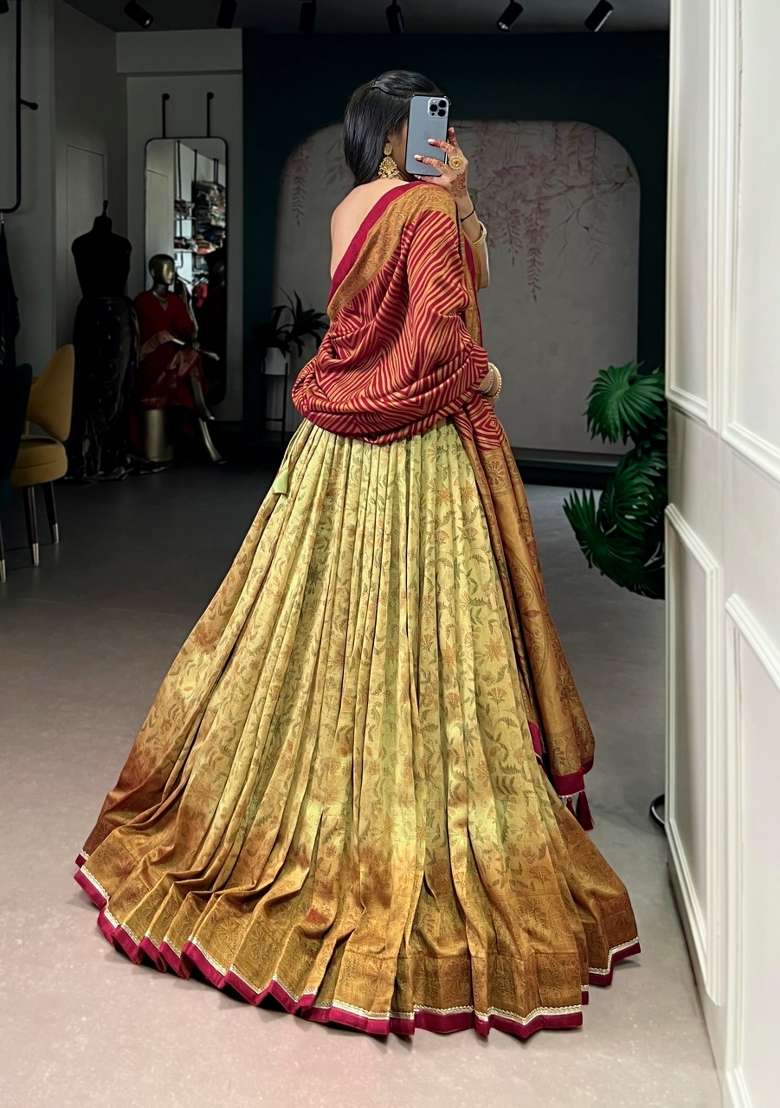 Mustard Silk Blend Lehenga Set with Printed for Diwali | Wedding & Festive Wear - Indya