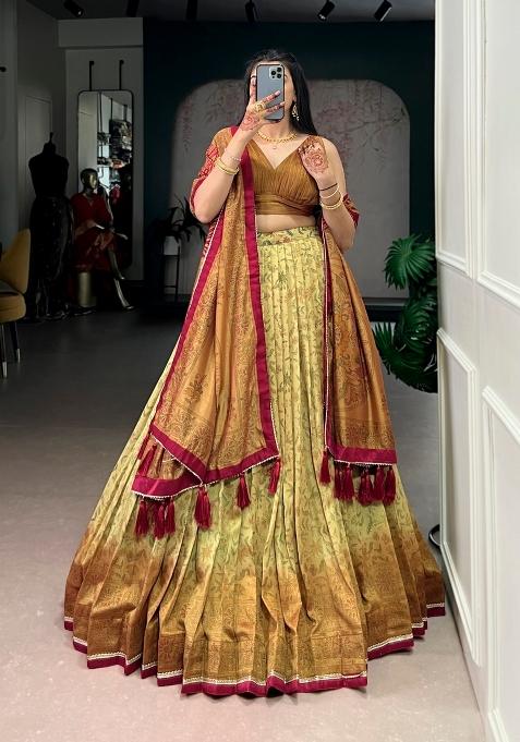 Mustard Printed Silk Blend Lehenga Set