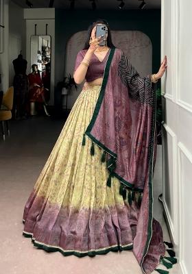Wine Printed Silk Blend Lehenga Set