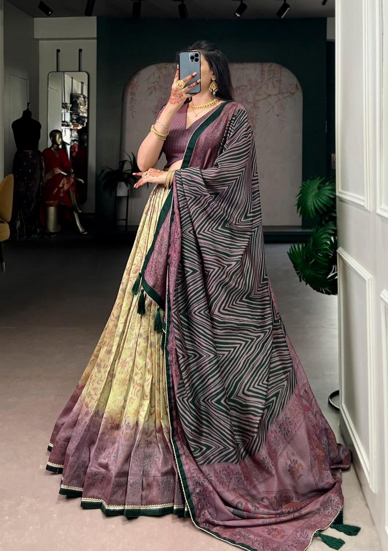 Wine Printed Silk Blend Lehenga Set - Indya