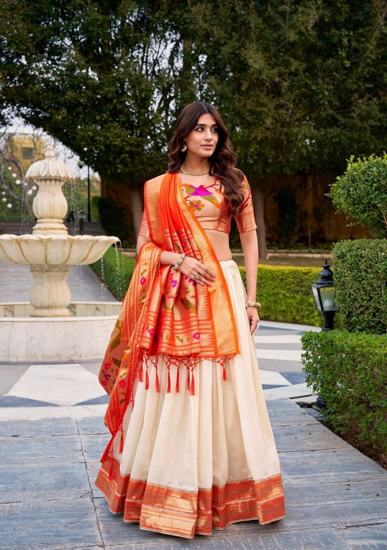 White Lace Work Silk Blend Lehenga Set - Indya
