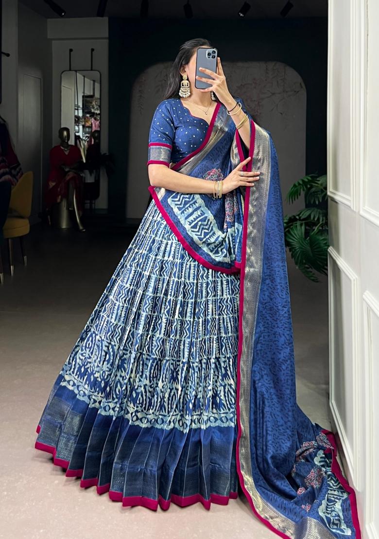 Blue Zari Work Silk Blend Lehenga Set - Indya