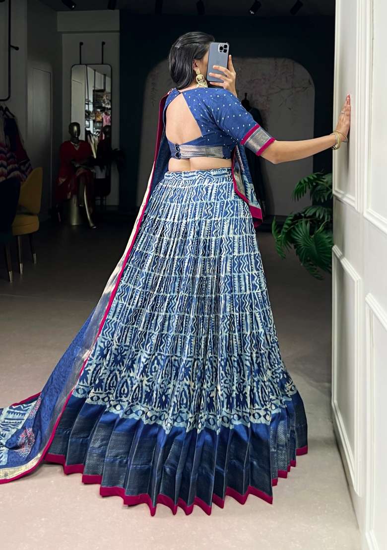 Blue Silk Blend Lehenga Set with Zari Work for Diwali | Wedding & Festive Wear - Indya