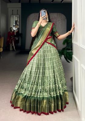 Green Zari Work Silk Blend Lehenga Set