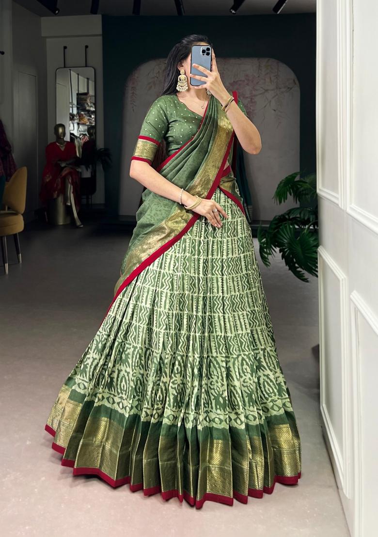 Green Zari Work Silk Blend Lehenga Set - Indya