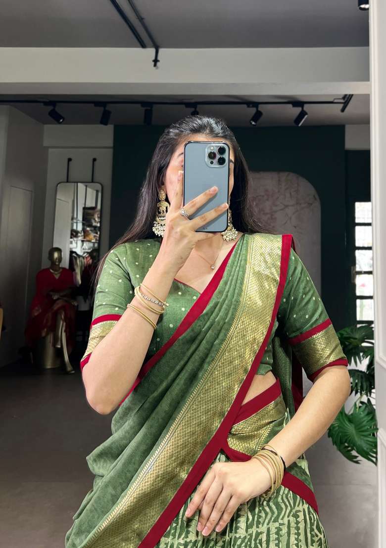 Green Silk Blend Lehenga Set with Zari Work for Diwali | Wedding & Festive Wear - Indya