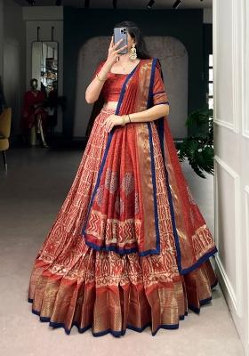 Orange Zari Work Silk Blend Lehenga Set