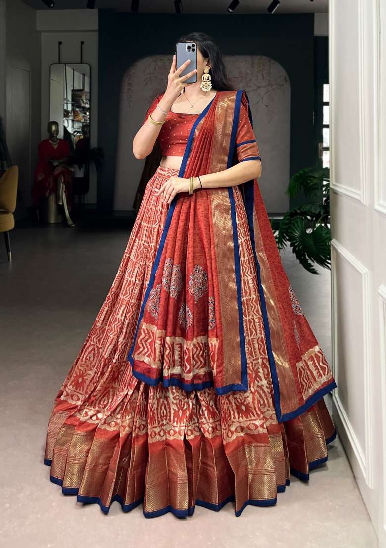 Orange Silk Blend Lehenga Set with Zari Work for Diwali | Wedding & Festive Wear - Indya